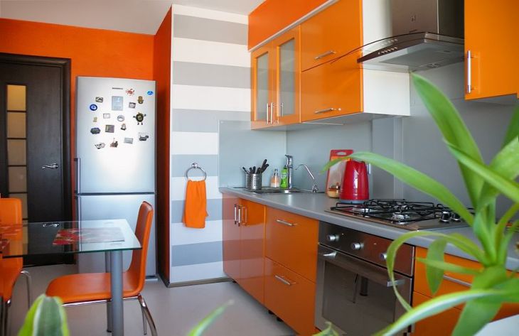Кухня в оранжевом цвете дизайн фото с обоями