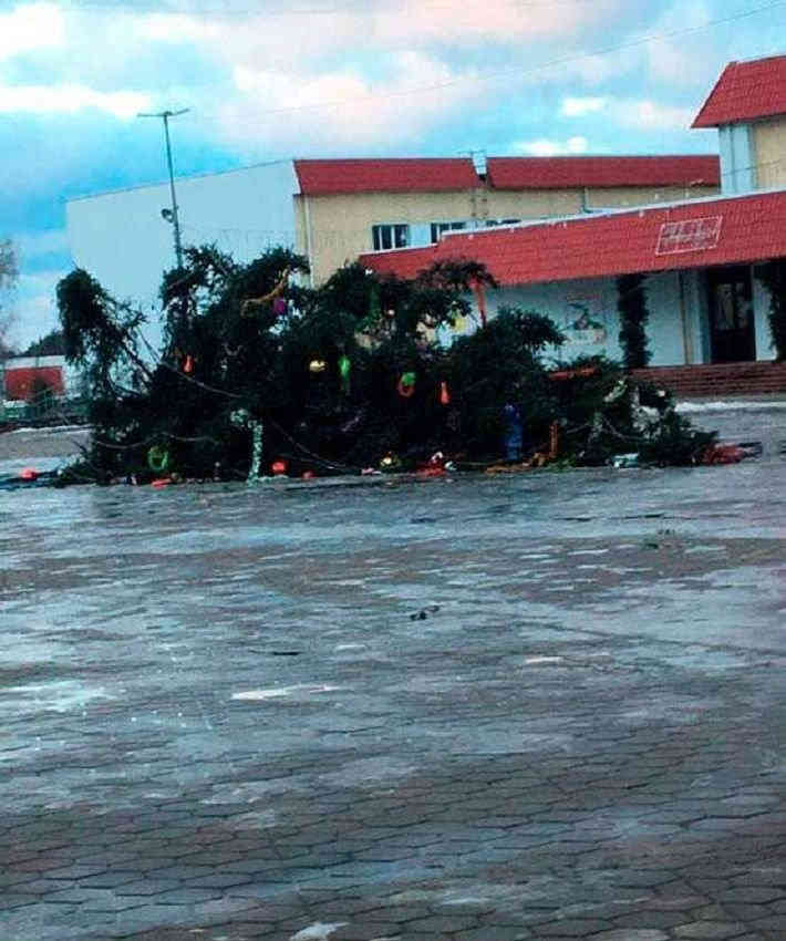 Фотофакт: Из-за сильного ветра в двух райцентрах упали новогодние елки