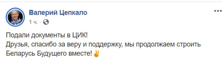 Валерий Цепкало подал документы на регистрацию кандидатом в президенты Беларуси