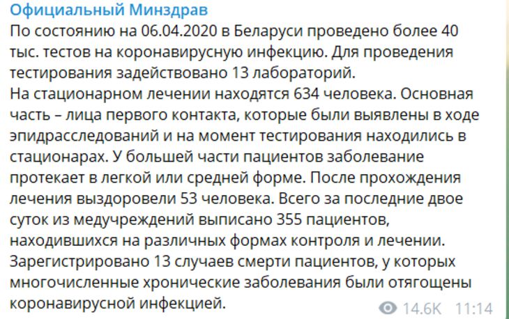 Минздрав опубликовал обновленные данные по коронавирусу в Беларуси 